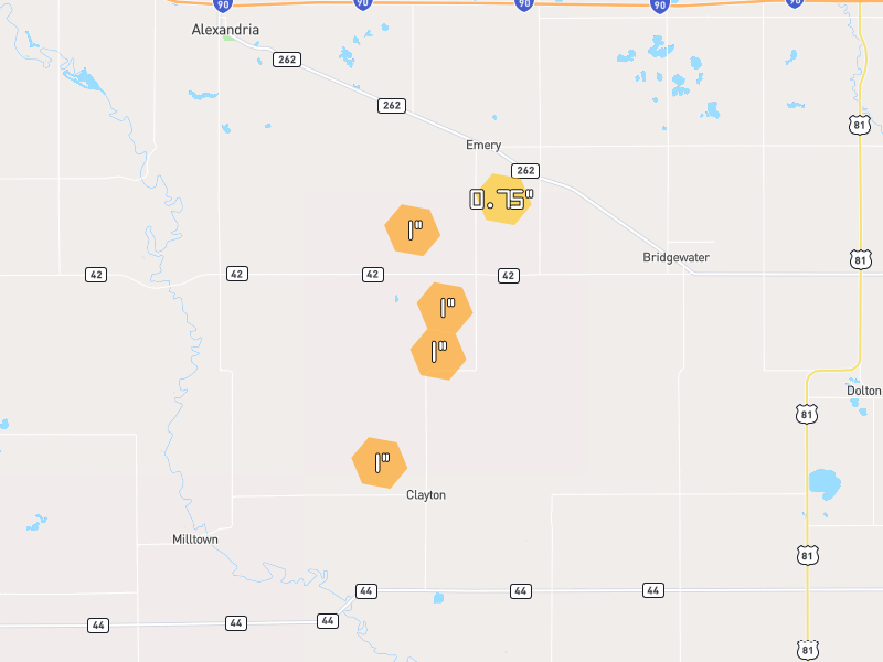 Hail map of Emery, SD on Jul 1, 2026, hail up to 1"