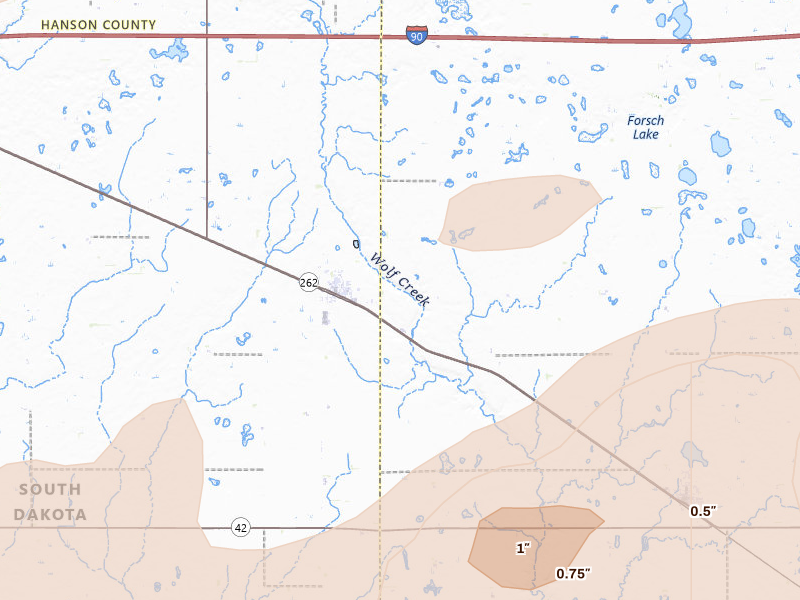 Radar-estimated hail-size map of the storm over Emery, SD on Jul 2, 2026