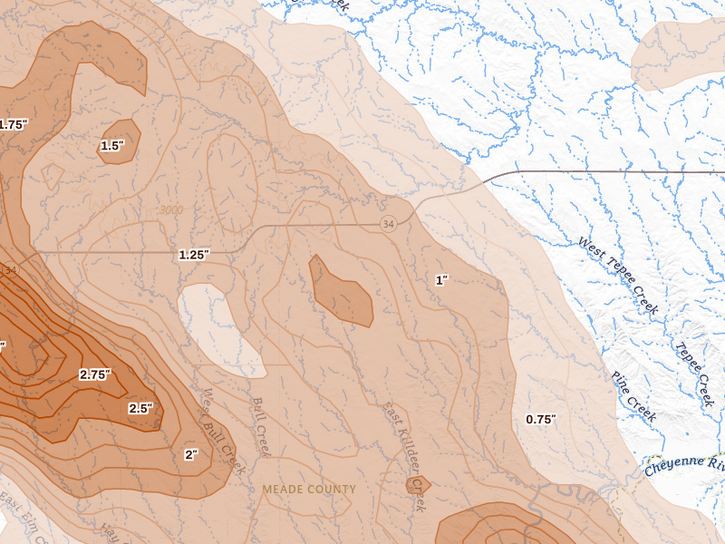 Radar-estimated hail-size map of the storm over Enning, SD on Aug 11, 2026