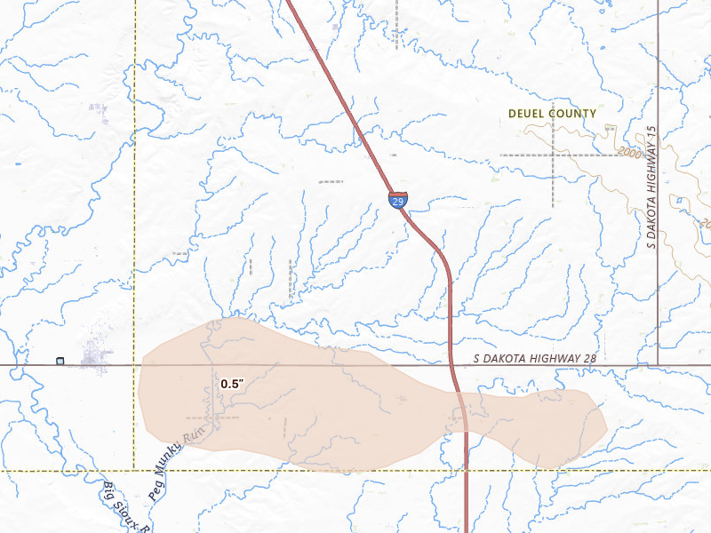 Radar-estimated hail-size map of the storm over Estelline, SD on Aug 28, 2026