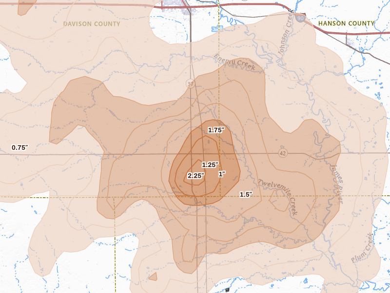 Radar-estimated hail-size map of the storm over Ethan, SD on Sep 4, 2026