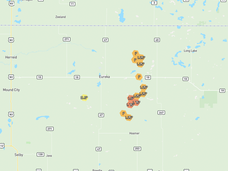 Hail map of Eureka, SD on Jun 1, 2026, hail up to 1.75"