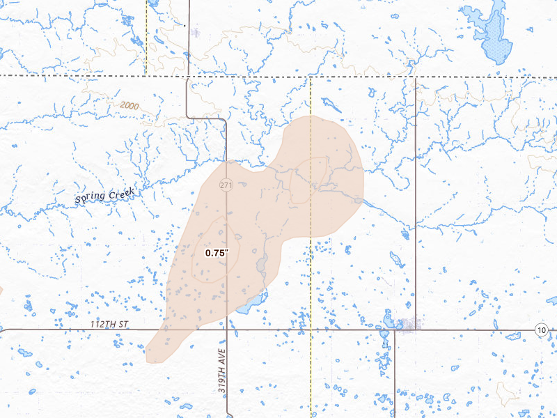 Radar-estimated hail-size map of the storm over Eureka, SD on Jun 2, 2026