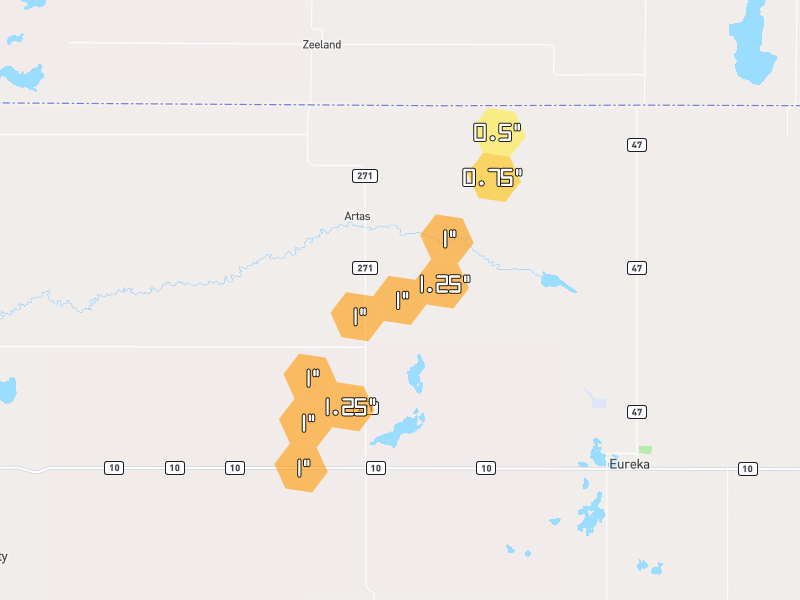 Hail map of Eureka, SD on Jun 2, 2026, hail up to 1.25"