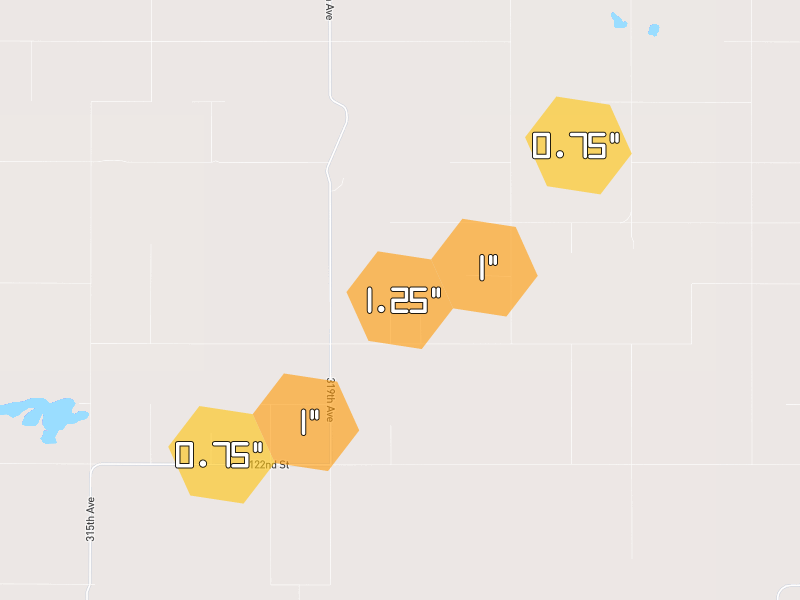 Hail map of Eureka, SD on Jun 3, 2026, hail up to 1.25"