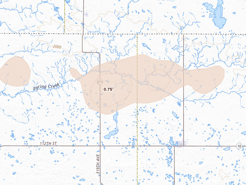 Radar-estimated hail-size map of the storm over Eureka, SD on Jul 2, 2026