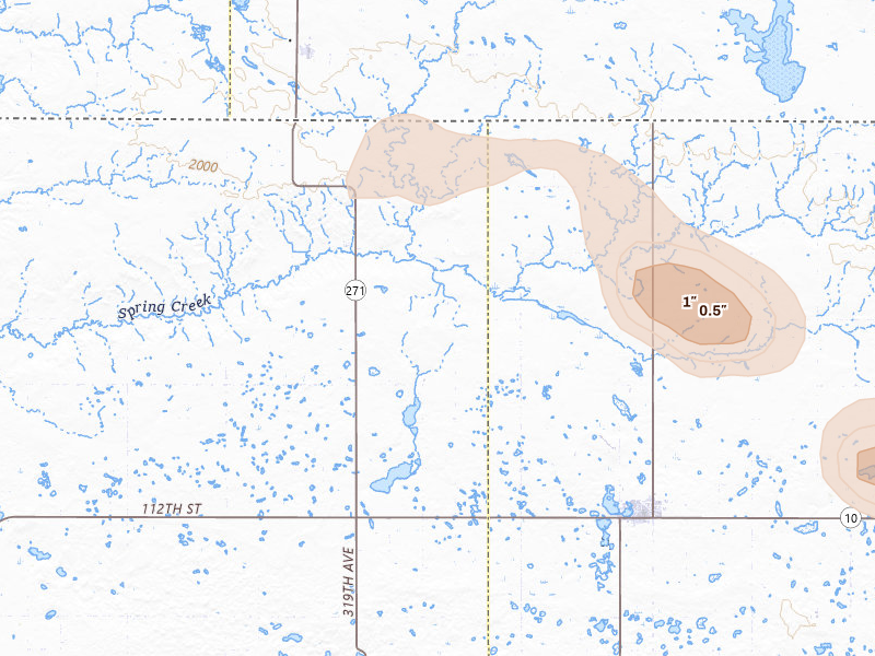 Radar-estimated hail-size map of the storm over Eureka, SD on Jul 4, 2026