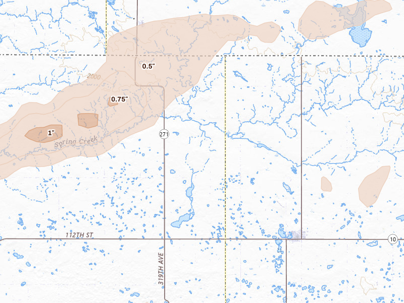 Radar-estimated hail-size map of the storm over Eureka, SD on Jul 7, 2026