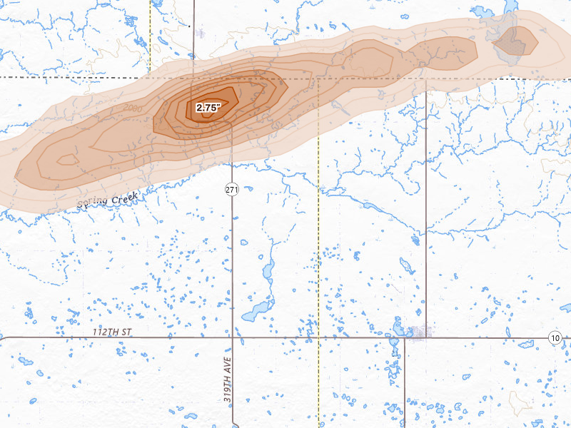 Radar-estimated hail-size map of the storm over Eureka, SD on Jul 19, 2026