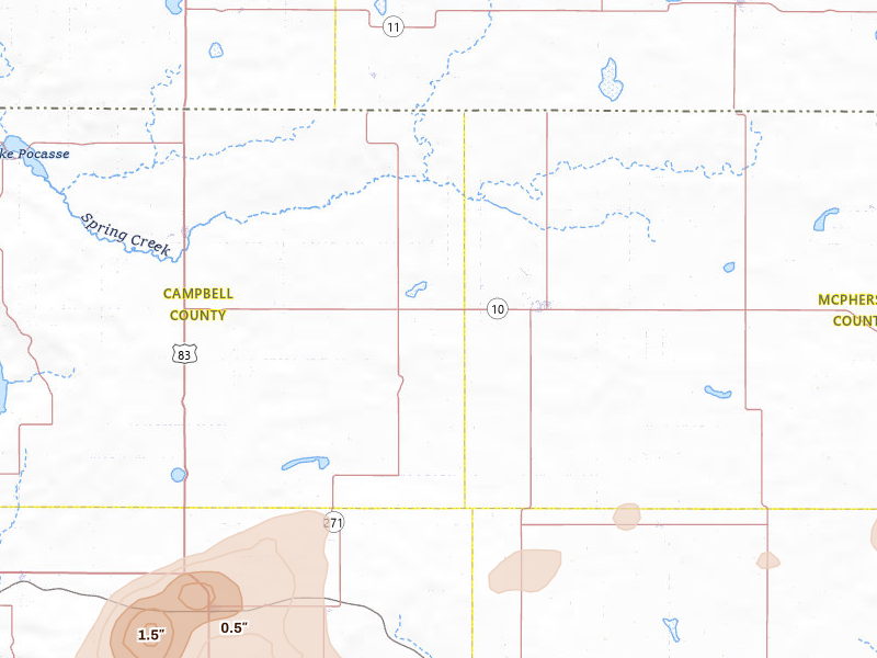 Radar-estimated hail-size map of the storm over Eureka, SD on Jul 25, 2026