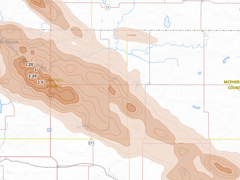 Radar-estimated hail-size map of the storm over Eureka, SD on Aug 8, 2026