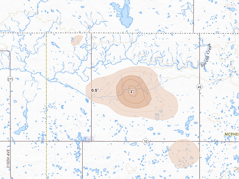Radar-estimated hail-size map of the storm over Eureka, SD on Aug 12, 2026