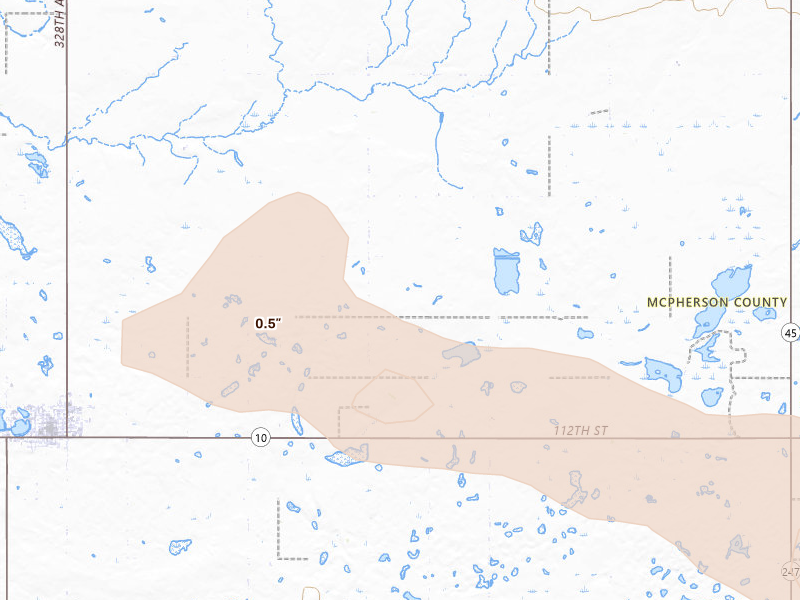 Radar-estimated hail-size map of the storm over Eureka, SD on Aug 24, 2026