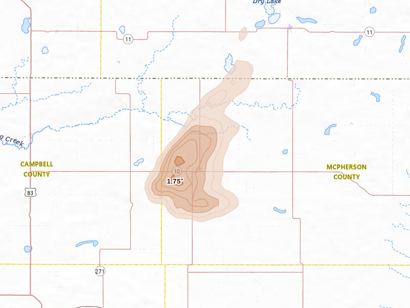 Radar-estimated hail-size map of the storm over Eureka, SD on Aug 29, 2026