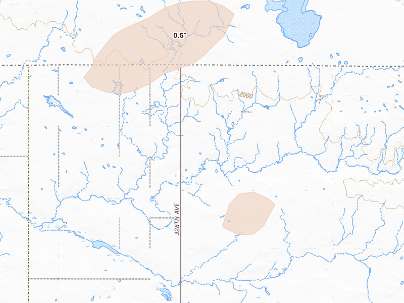 Radar-estimated hail-size map of the storm over Eureka, SD on Sep 4, 2026