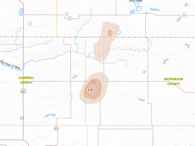 Radar-estimated hail-size map of the storm over Eureka, SD