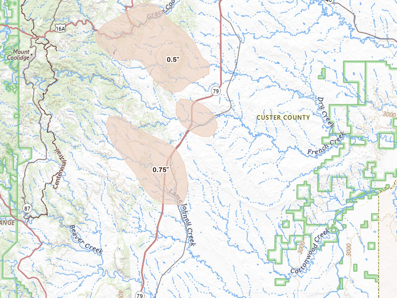 Radar-estimated hail-size map of the storm over Fairburn, SD on Jul 28, 2026