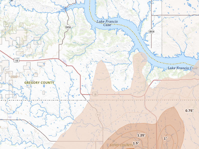 Radar-estimated hail-size map of the storm over Fairfax, SD on May 17, 2026