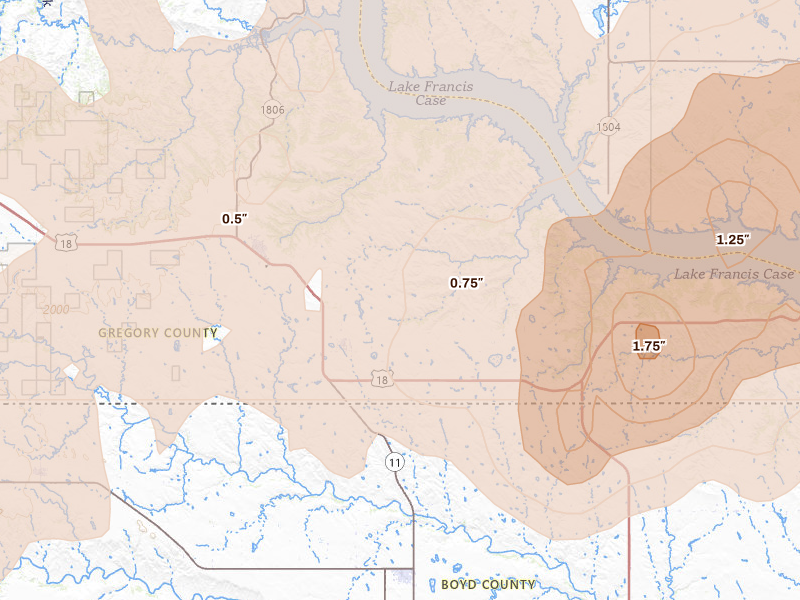 Radar-estimated hail-size map of the storm over Fairfax, SD on Jun 27, 2026