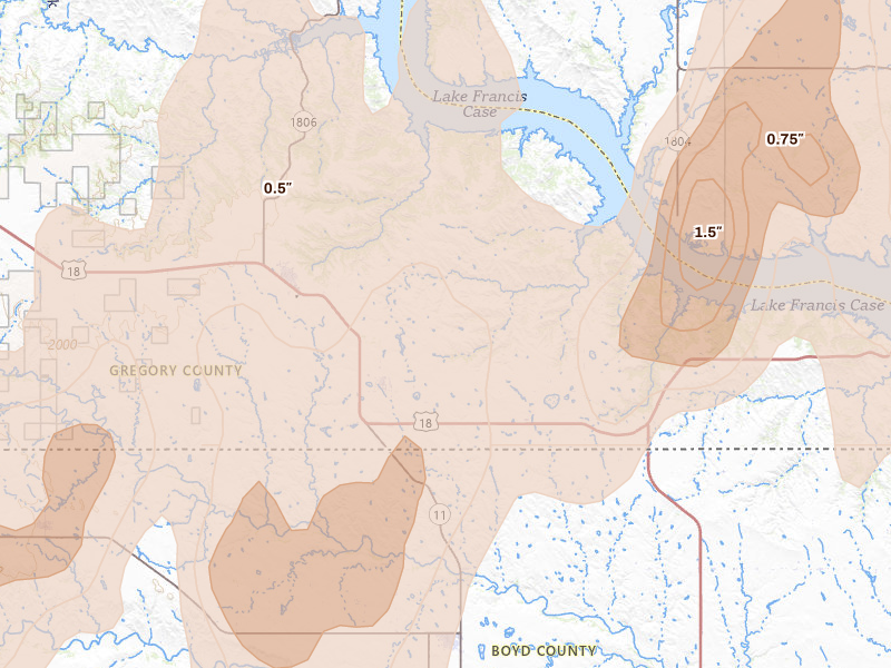 Radar-estimated hail-size map of the storm over Fairfax, SD on Jun 30, 2026