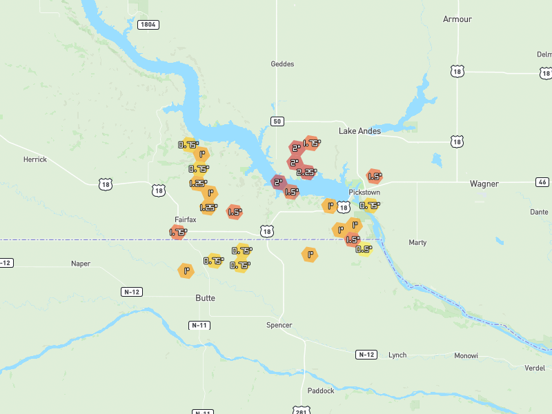 Hail map of Fairfax, SD on Jul 1, 2026, hail up to 2.25"
