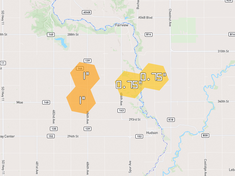 Hail map of Fairview, SD on Jun 1, 2026, hail up to 1"