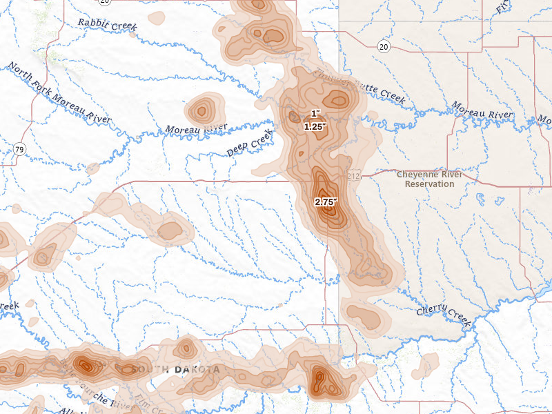 Radar-estimated hail-size map of the storm over Faith, SD on Jul 2, 2026