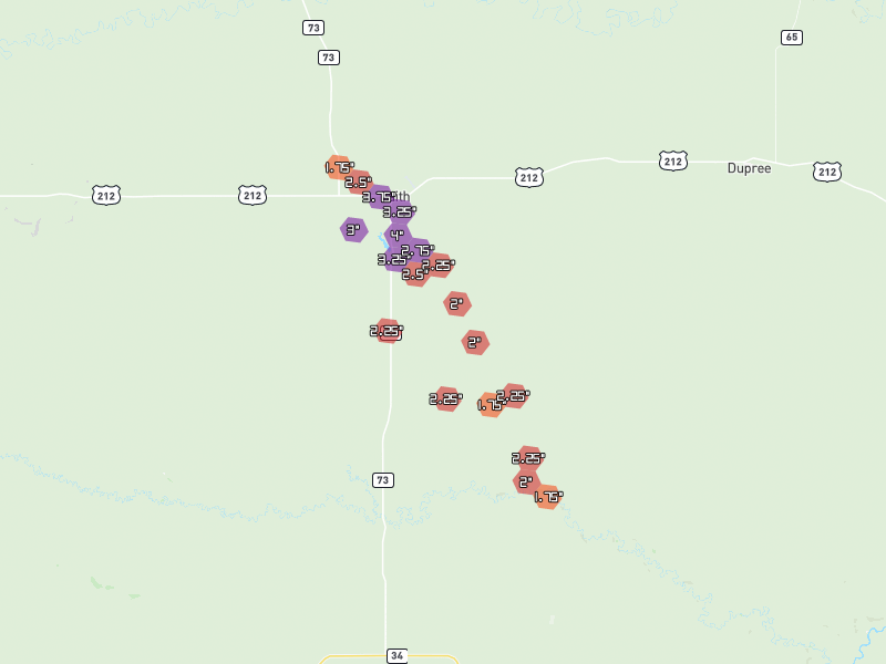 Hail map of Faith, SD on Jul 3, 2026, hail up to 4"