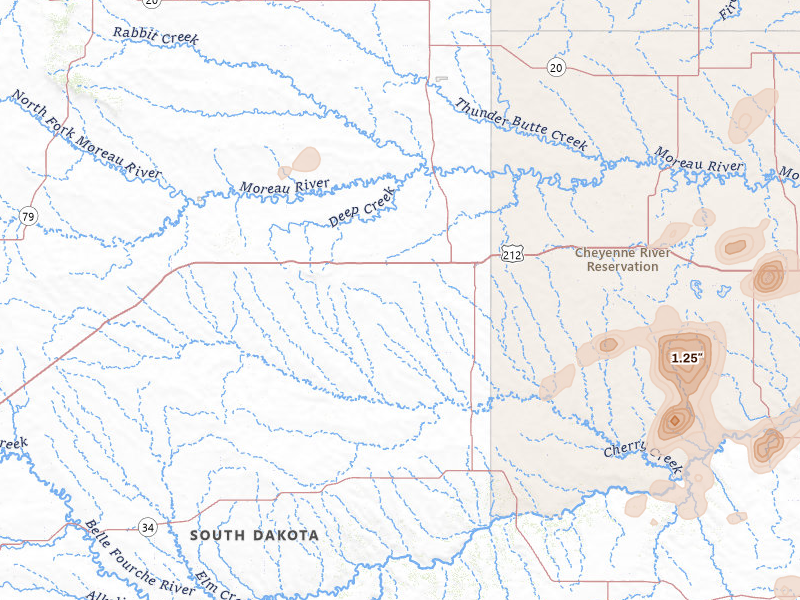 Radar-estimated hail-size map of the storm over Faith, SD on Jul 25, 2026