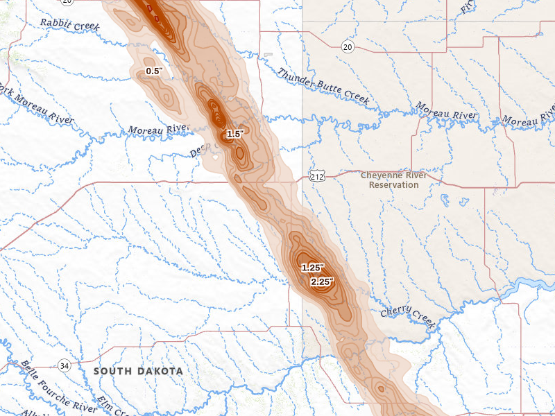 Radar-estimated hail-size map of the storm over Faith, SD on Aug 10, 2026