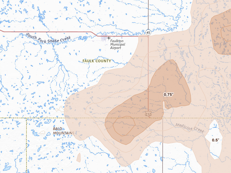 Radar-estimated hail-size map of the storm over Faulkton, SD on Jun 29, 2026