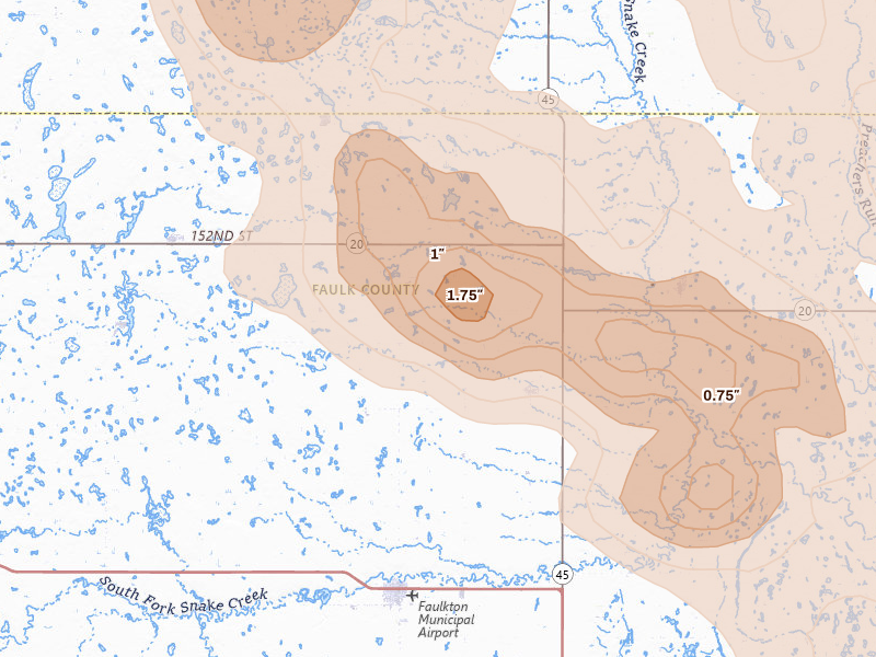 Radar-estimated hail-size map of the storm over Faulkton, SD on Aug 8, 2026