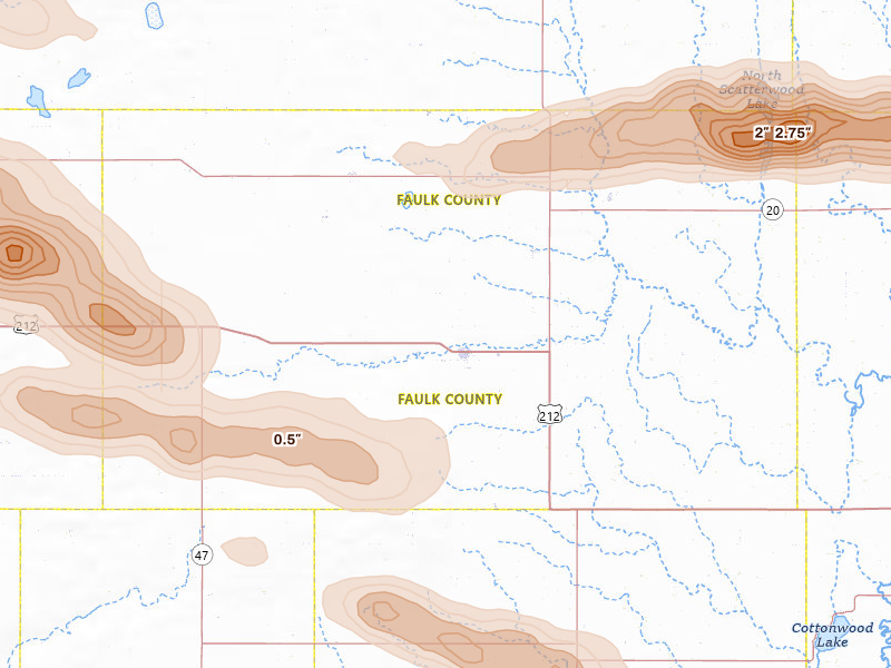 Radar-estimated hail-size map of the storm over Faulkton, SD on Aug 29, 2026
