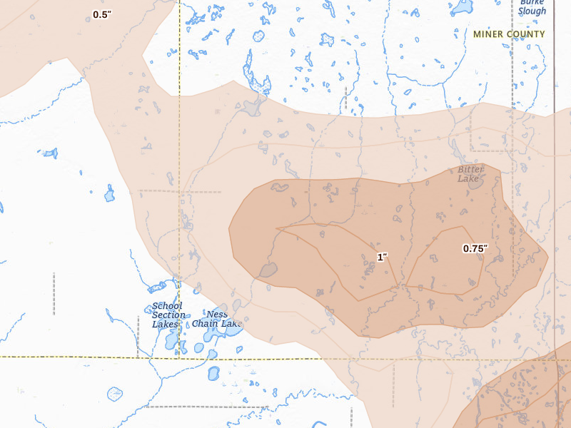 Radar-estimated hail-size map of the storm over Fedora, SD on Aug 6, 2026