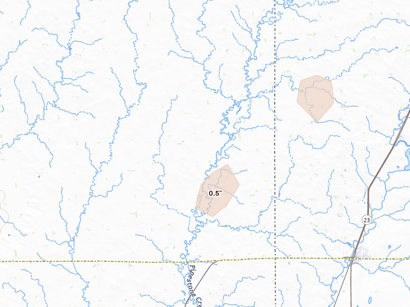 Radar-estimated hail-size map of the storm over Flandreau, SD on Jun 29, 2026