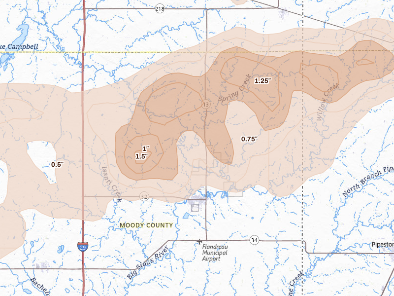 Radar-estimated hail-size map of the storm over Flandreau, SD on Jul 2, 2026