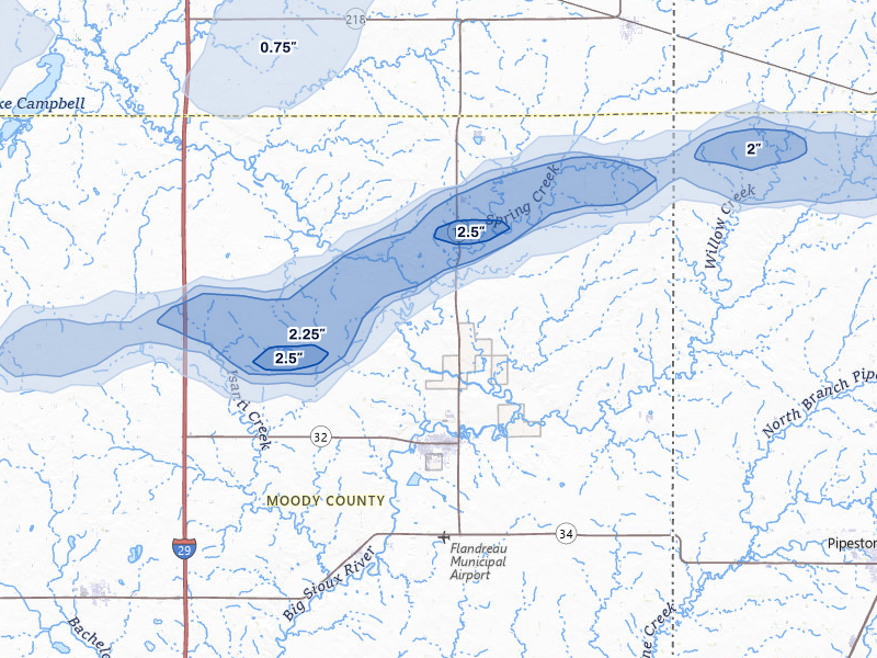 NEXRAD radar-signature map of the hail over Flandreau, SD