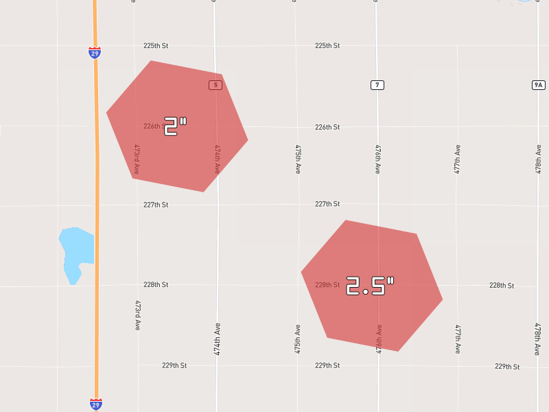 Hail map of Flandreau, SD on Jul 2, 2026, hail up to 2.5"