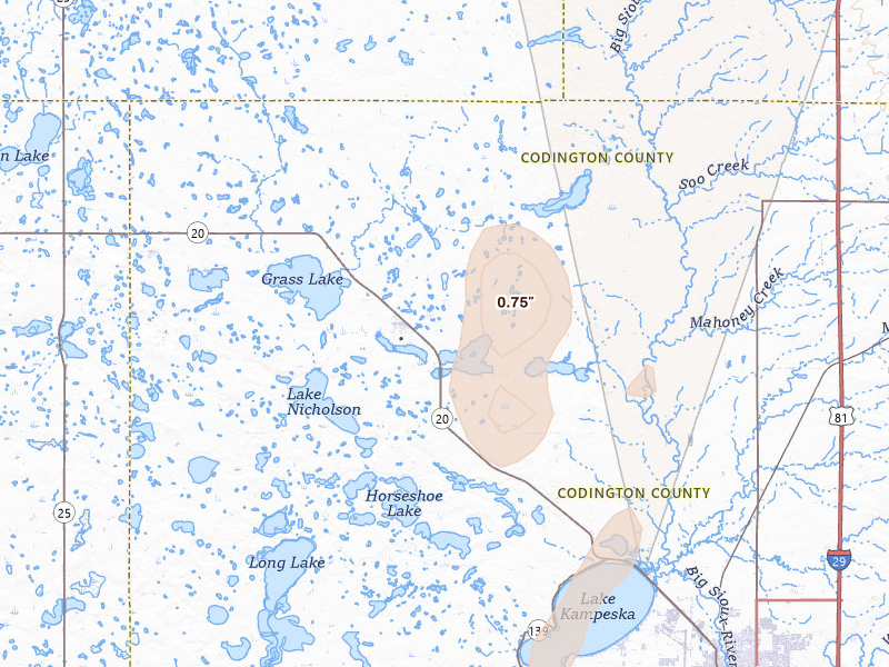 Radar-estimated hail-size map of the storm over Florence, SD on Jun 27, 2026