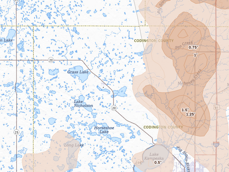 Radar-estimated hail-size map of the storm over Florence, SD on Jul 6, 2026