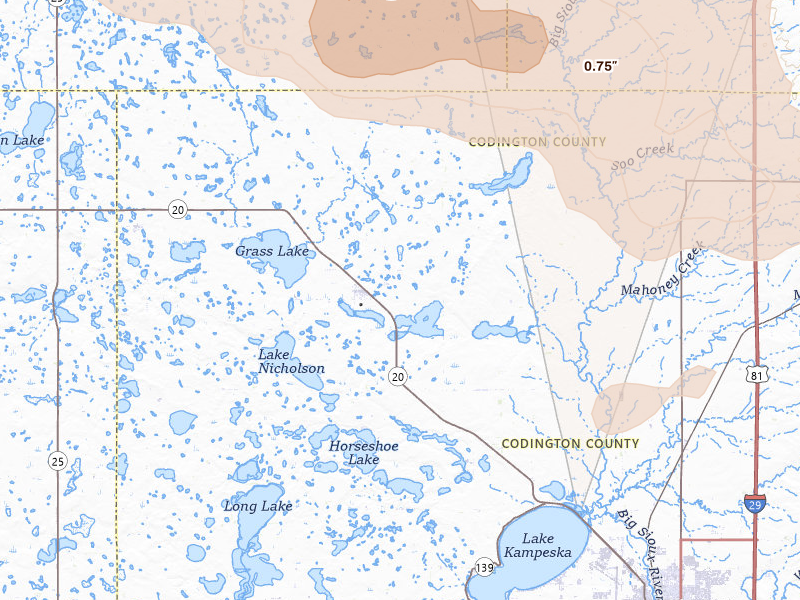 Radar-estimated hail-size map of the storm over Florence, SD on Jul 7, 2026
