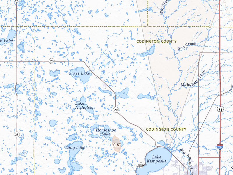 Radar-estimated hail-size map of the storm over Florence, SD on Jul 25, 2026