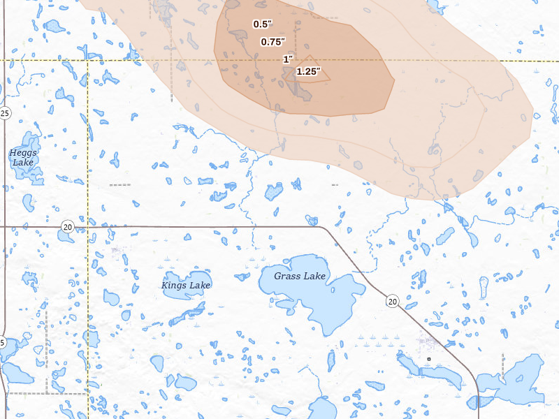 Radar-estimated hail-size map of the storm over Florence, SD on Aug 6, 2026