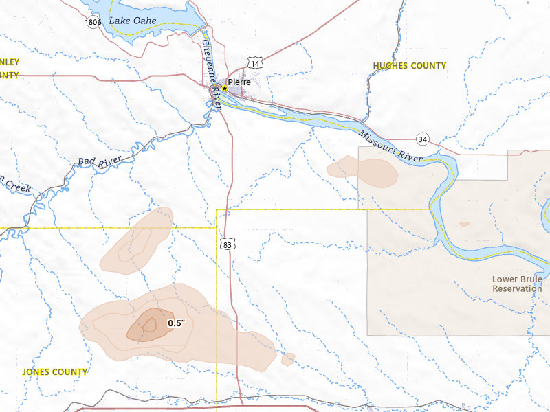 Radar-estimated hail-size map of the storm over Fort Pierre, SD on Jun 3, 2026