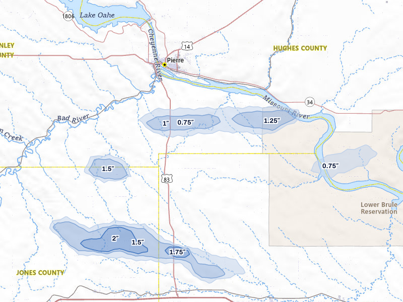NEXRAD radar-signature map of the hail storm over Fort Pierre, SD on Jun 3, 2026