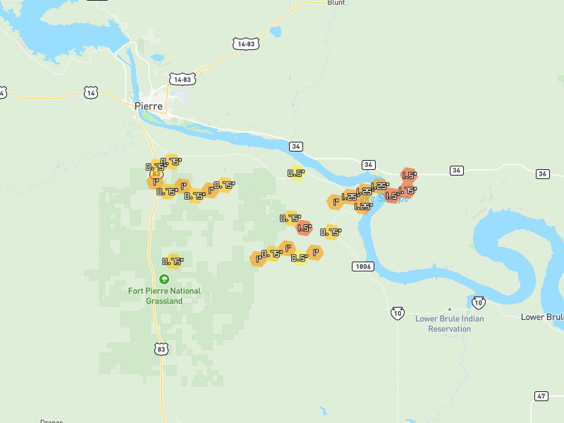 Hail map of Fort Pierre, SD on Jun 3, 2026, hail up to 1.75"