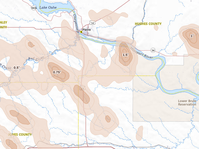 Radar-estimated hail-size map of the storm over Fort Pierre, SD on Jun 4, 2026