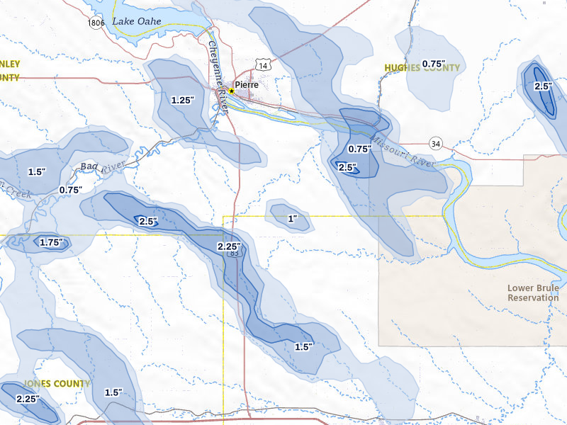 NEXRAD radar-signature map of the hail over Fort Pierre, SD
