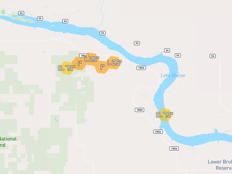 Hail map of Fort Pierre, SD on Jun 4, 2026, hail up to 1.25"