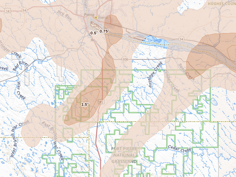 Radar-estimated hail-size map of the storm over Fort Pierre, SD on Jun 9, 2026
